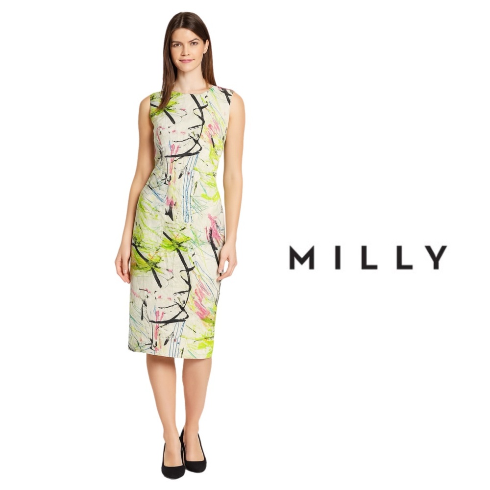 NEW Milly Silk Vibrant Brushstroke Midi Dress